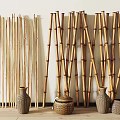 Bamboo Poles Standing With Woven Containers And Vases In Indoor Display Setting