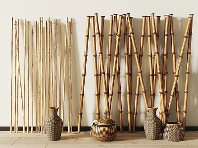 Bamboo Poles Standing With Woven Containers And Vases In Indoor Display Setting 3d model