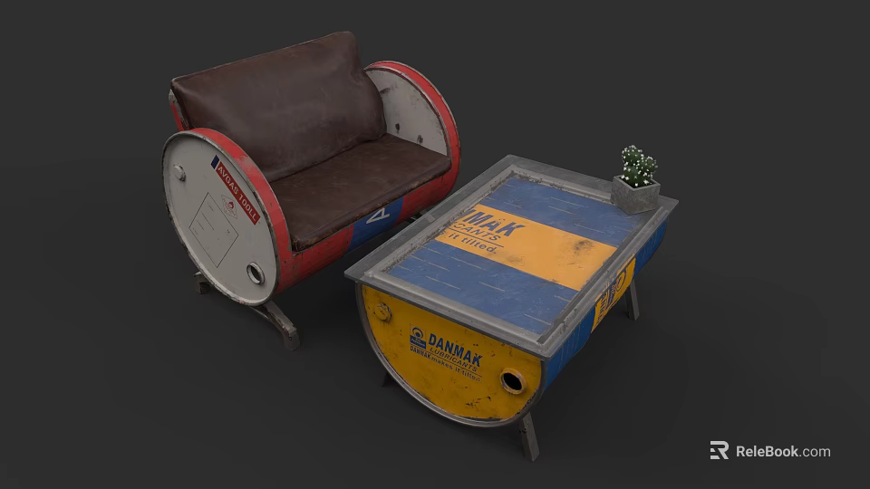 Vintage Industrial Sofa Set With Upcycled Barrel Design Leather Cushion And Coffee Table 3d model 