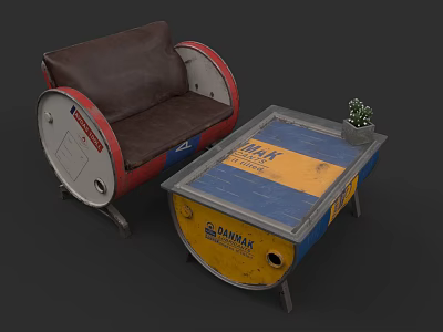 Vintage Industrial Sofa Set With Upcycled Barrel Design Leather Cushion And Coffee Table 3d model