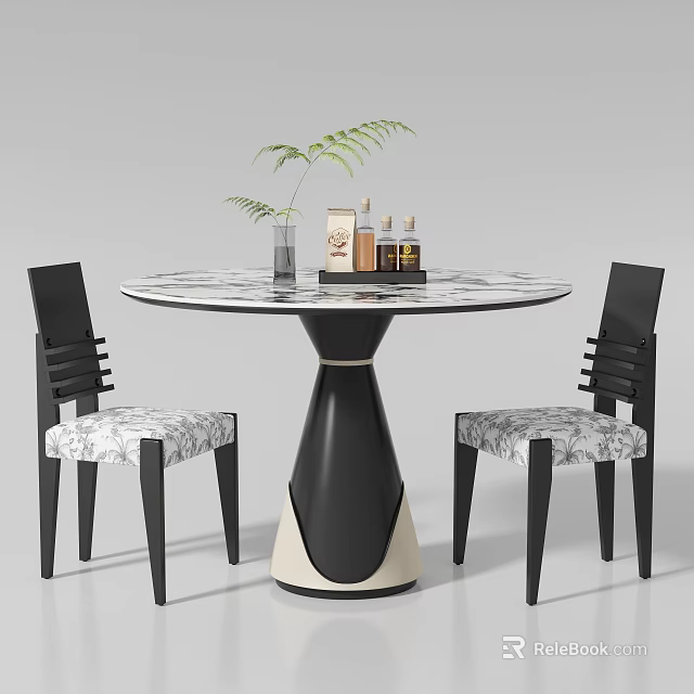 Round Dining Table Set With Marble Top Black Beige Pedestal And Two Patterned Upholstered Chairs 3d model