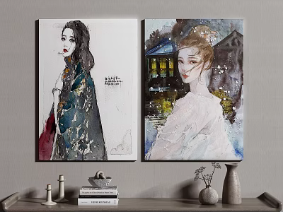 Two Panel Portrait Paintings With Dark And White Clothing Architectural Background And Decorative Shelf 3d model