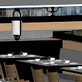 Elegant Modern Restaurant Interior Design With Dining Tables Chairs Pendant Lights And Black Flooring