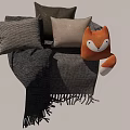 Cozy Gray Knitted Throw Pillows With Fox Plush Toy And Soft Blanket 3d model
