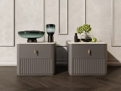 Modern Gray Bedside Tables With Drawers Marble Top Green Plant And Decorative Items 3d model