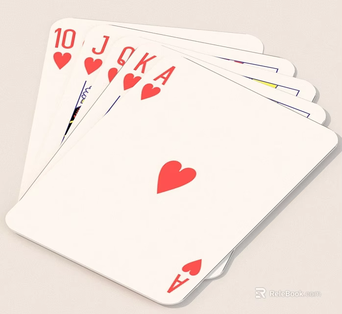 Playing Cards with Hearts Suit Showing 10 J Q K A on White Background 3d model 