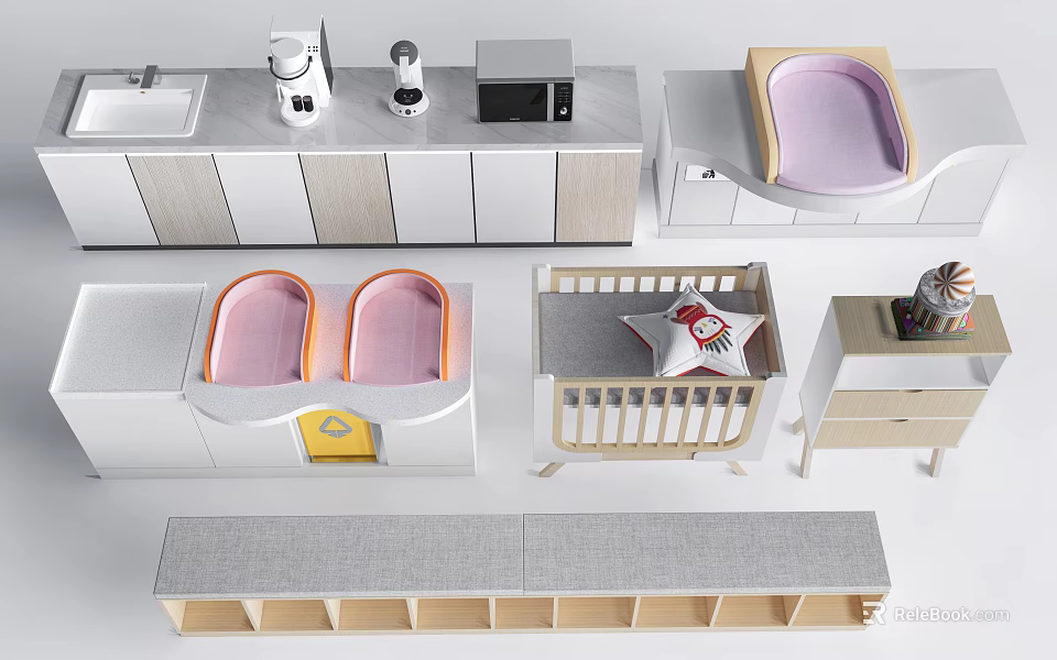 Baby Crib with Soft Mattress Wooden Frame and Side Storage Cabinet 3d model 