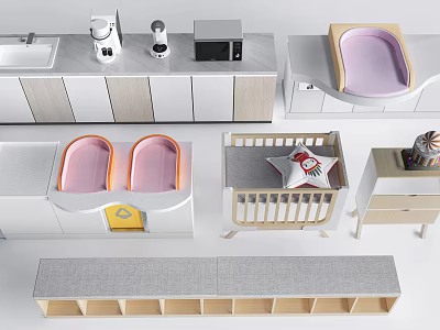 Baby Crib with Soft Mattress Wooden Frame and Side Storage Cabinet 3d model