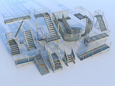 Different Types Of Metal Staircases Featuring Straight Spiral And Platform Structures 3d model
