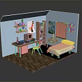 Bedroom Interior With Bed Desk Bookshelf Posters Wooden Floor And Window Blinds