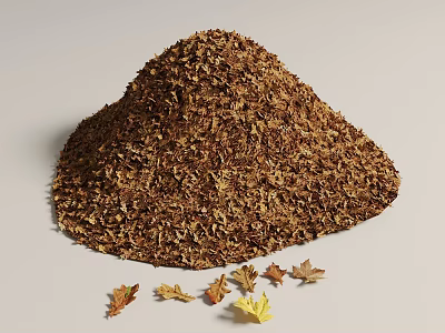 Pile of Brown Wood Chips With Scattered Maple Leaves on Neutral Background 3d model
