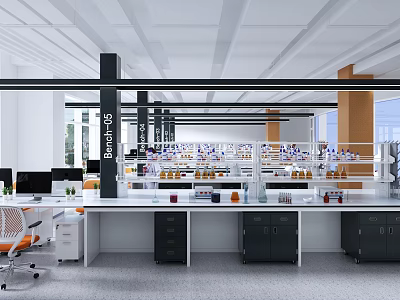 Modern Professional Laboratory Interior With Lab Benches Equipment And Storage Cabinets 3d model