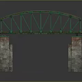 Green Iron Bridge Structure with Stone Brick Piers and Rail Tracks on Top