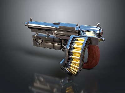 Classic Silver Metal Revolver Featuring Revolving Cylinder Gold Bullets And Brown Wooden Grip 3d model