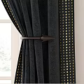 Dark Curtains with Gold Trim Tied Back at Grid Window with Small Plants on Sill