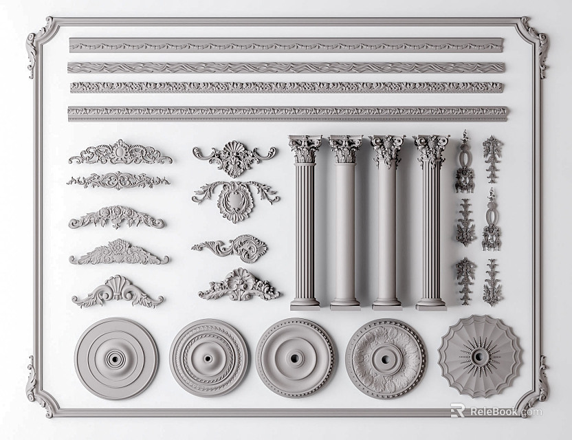 Detailed Ornate Carving Decorative Collection With Columns Rosettes Moldings And Frames 3d model 