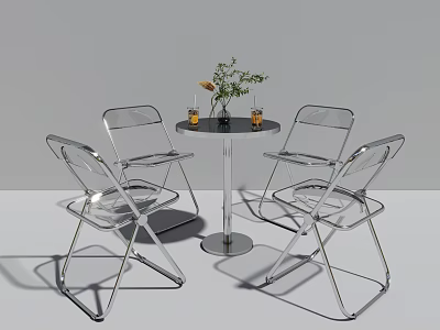 Transparent Dining Table And Chairs Set With Metal Frame And Green Plant Decor 3d model