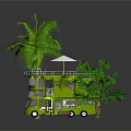 Green Double Decker Motorhome With Palm Tree Small Tree Bench Street Lamp In Outdoor Setting