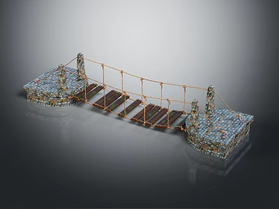Suspension Bridge Structure With Ropes Wooden Planks And Stone Piers 3d model