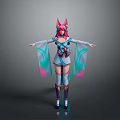 Anime Style Cat Ear Girl Character With Colorful Blue Green Pink Outfit And Flowing Sleeves
