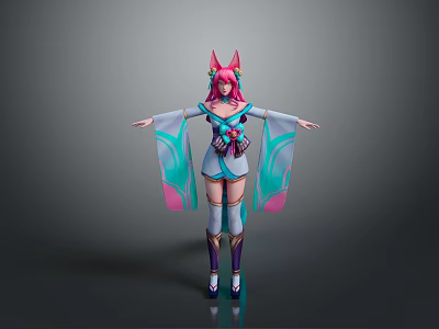 Anime Style Cat Ear Girl Character With Colorful Blue Green Pink Outfit And Flowing Sleeves 3d model