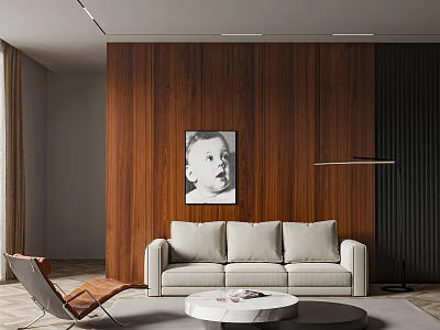 Modern Minimalist Beige Sofa And Round Coffee Table Set With Wooden Wall Decor 3d model