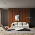 Modern Minimalist Beige Sofa And Round Coffee Table Set With Wooden Wall Decor