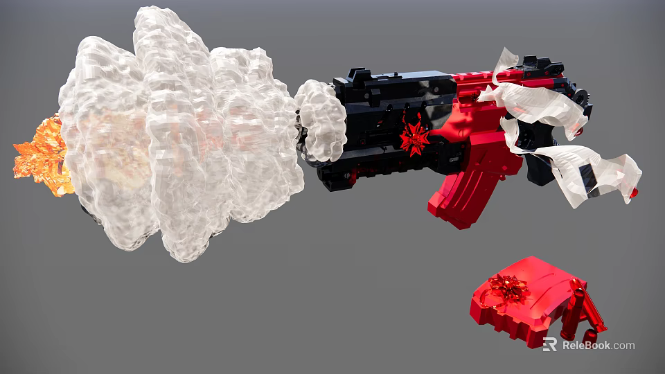 Red And Black Toy Gun With White Smoke Effect And Detachable Parts 3d model 