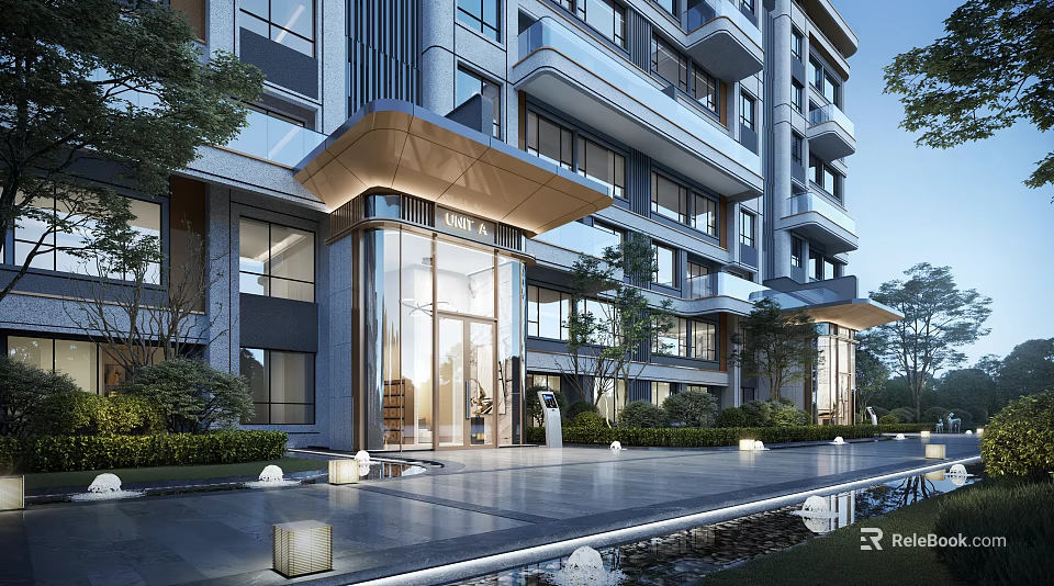 Modern Building Facade Entrance With Glass Doors Canopy Landscaped Greenery And Water Feature Lighting 3d model 