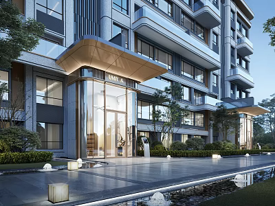 Modern Building Facade Entrance With Glass Doors Canopy Landscaped Greenery And Water Feature Lighting 3d model