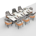 Modern Dining Table Set With Marble Top Gray Orange Chairs Plates And Decorative Elements 3d model