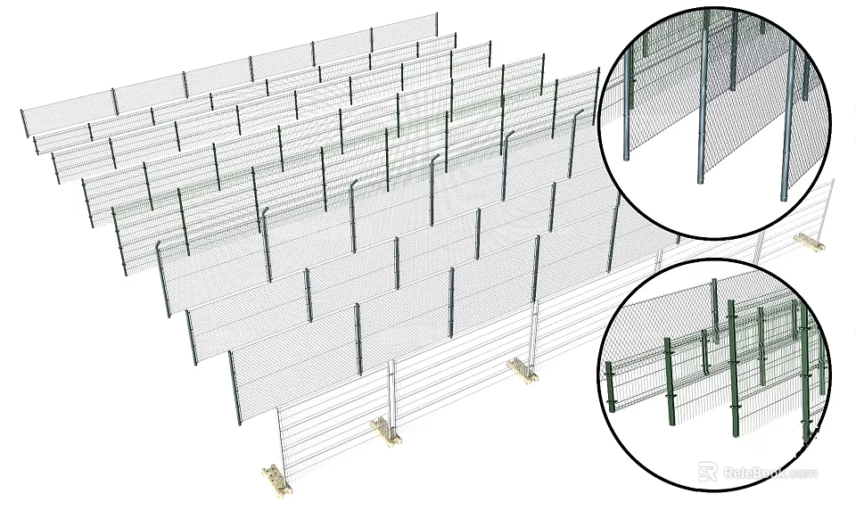 Detailed View Of Wire Mesh Fence With Metal Posts And Support Base 3d model 