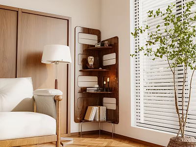 Wooden Storage Shelf In Living Room With Sofa Floor Lamp And Green Plant 3d model