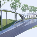 Modern Curved Pergola Structure With Green Trees Grass Pathway And Water Feature 3d model