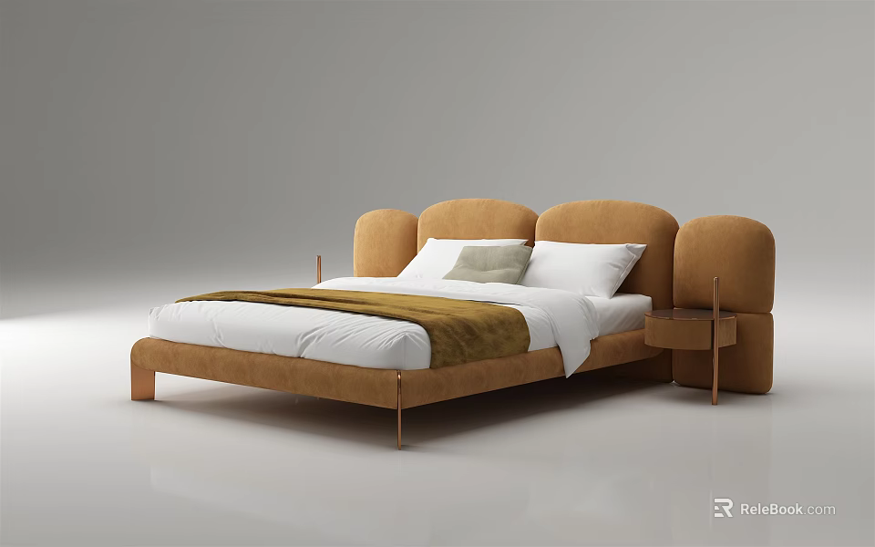 Modern Brown Double Bed With Curved Upholstered Headboard White Sheets And Side Table 3d model