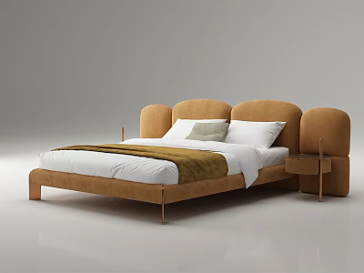 Modern Brown Double Bed With Curved Upholstered Headboard White Sheets And Side Table 3d model