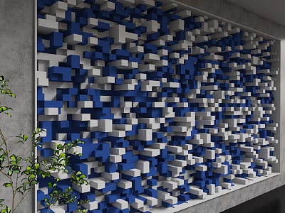 3D Textured Background Wall with Blue and White Cube Blocks and Green Plants 3d model