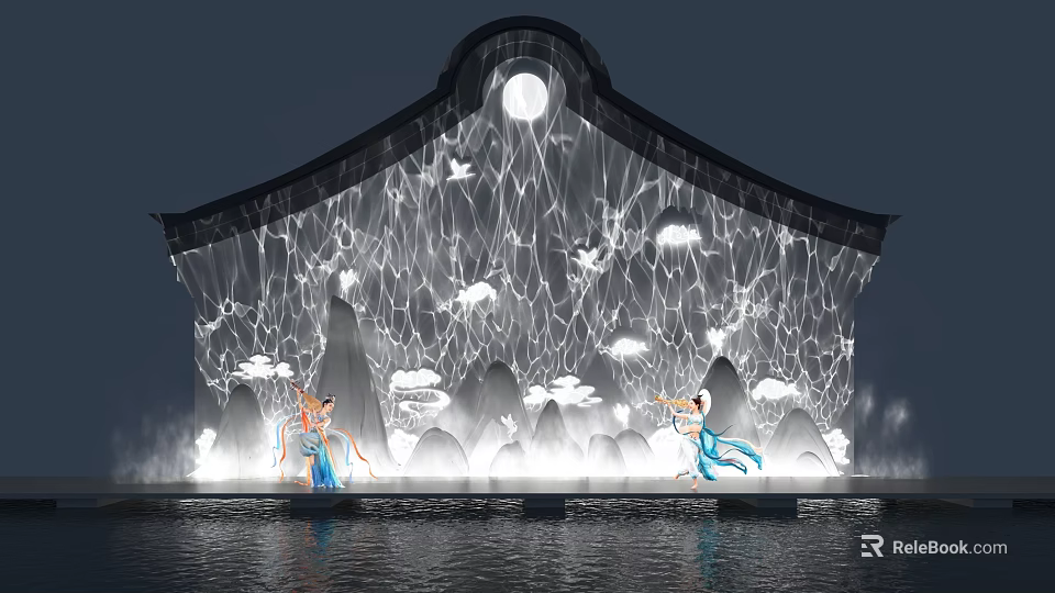 Art Installation With Moon Projection Mountain Cloud Silhouette Figures And Water Reflection 3d model