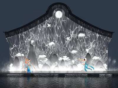 Art Installation With Moon Projection Mountain Cloud Silhouette Figures And Water Reflection 3d model
