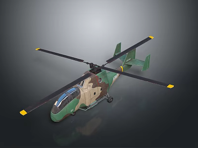 Green Camouflage Space Helicopter Model With Black Rotors Yellow Tips On Dark Background 3d model