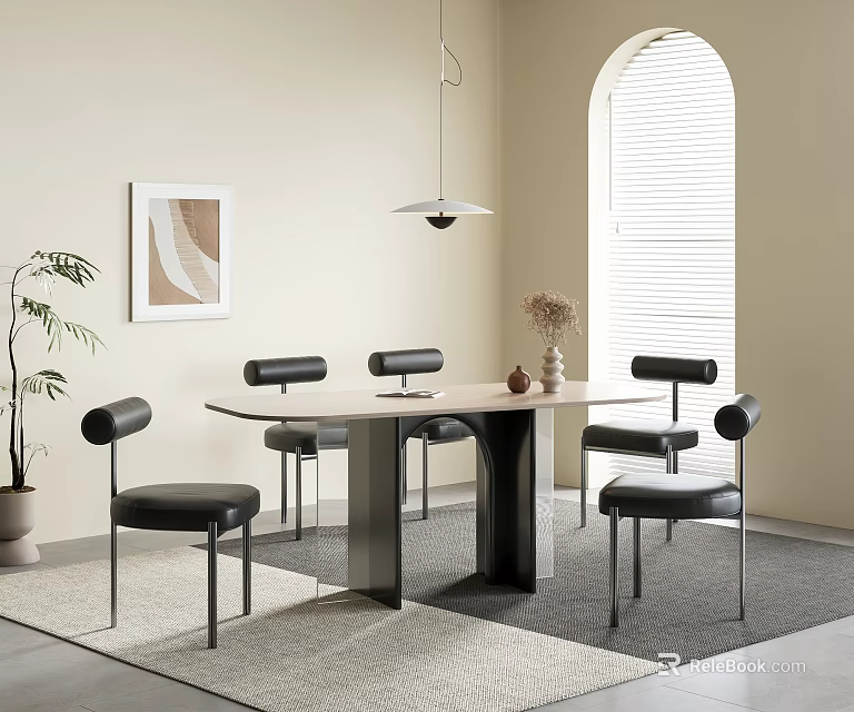 Modern Minimalist Dining Table Set With Black Chairs Wooden Top Metal Legs And Hanging Lamp 3d model 