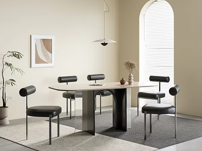 Modern Minimalist Dining Table Set With Black Chairs Wooden Top Metal Legs And Hanging Lamp 3d model
