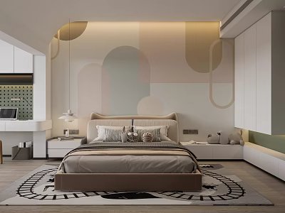 Modern Kids Bedroom With Soft Colored Wall And Rug 3d model