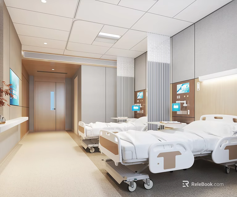 Modern Hospital Ward Interior With Mobile Beds Gray Walls And Recessed Ceiling Lights 3d model 