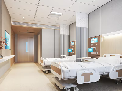 Modern Hospital Ward Interior With Mobile Beds Gray Walls And Recessed Ceiling Lights 3d model