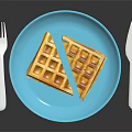 Blue Plate With Two Waffles And White Fork Knife On Black Background 3d model