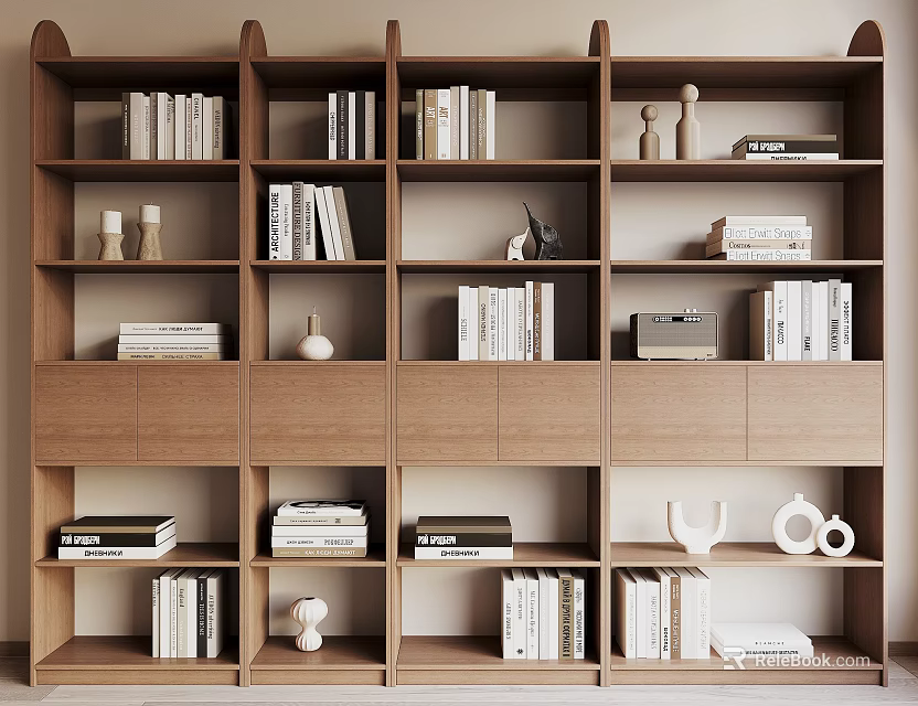 Modern Wooden Bookcase Interior Design With Books Decorative Items And Shelves 3d model 