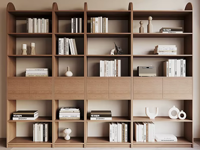Modern Wooden Bookcase Interior Design With Books Decorative Items And Shelves 3d model