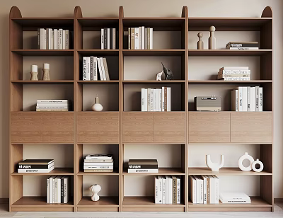 Modern Wooden Bookcase Interior Design With Books Decorative Items And Shelves 3d model
