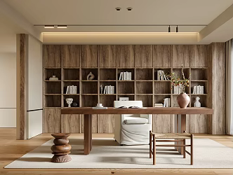 Quiet Style Study Tea Room Desk Chair Bookcase Full Wall Cabinet 3d model
